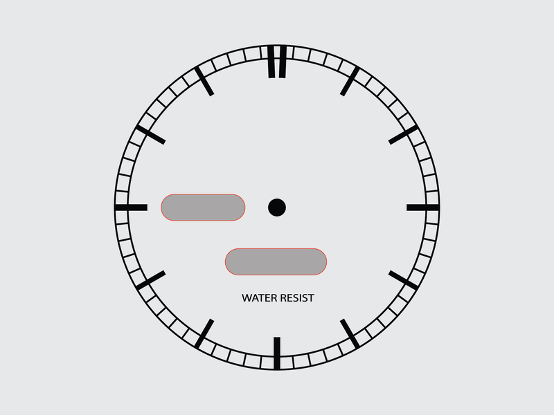 Diagrama de la carátula del reloj con las áreas donde se marca el logotipo.