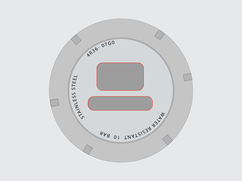 Diagrama del cristal del reloj con las áreas donde se marca el logotipo.