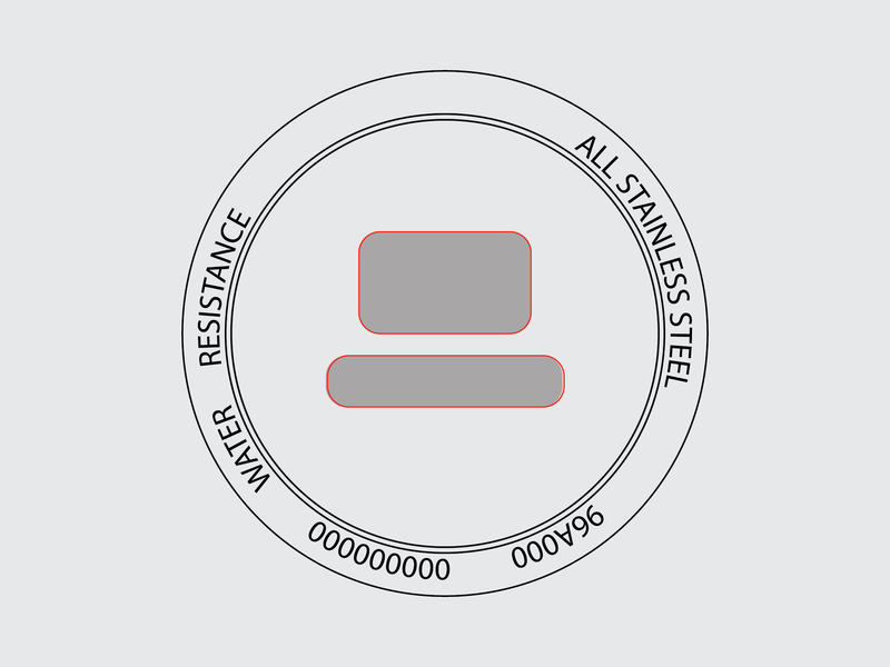 Diagrama de la tapa trasera del reloj con las áreas donde se marca el logotipo.